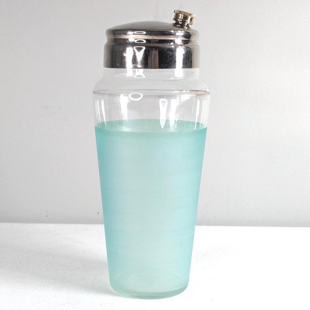 Large 1950s glass cocktail shaker Robins egg blue sides with chromed top
